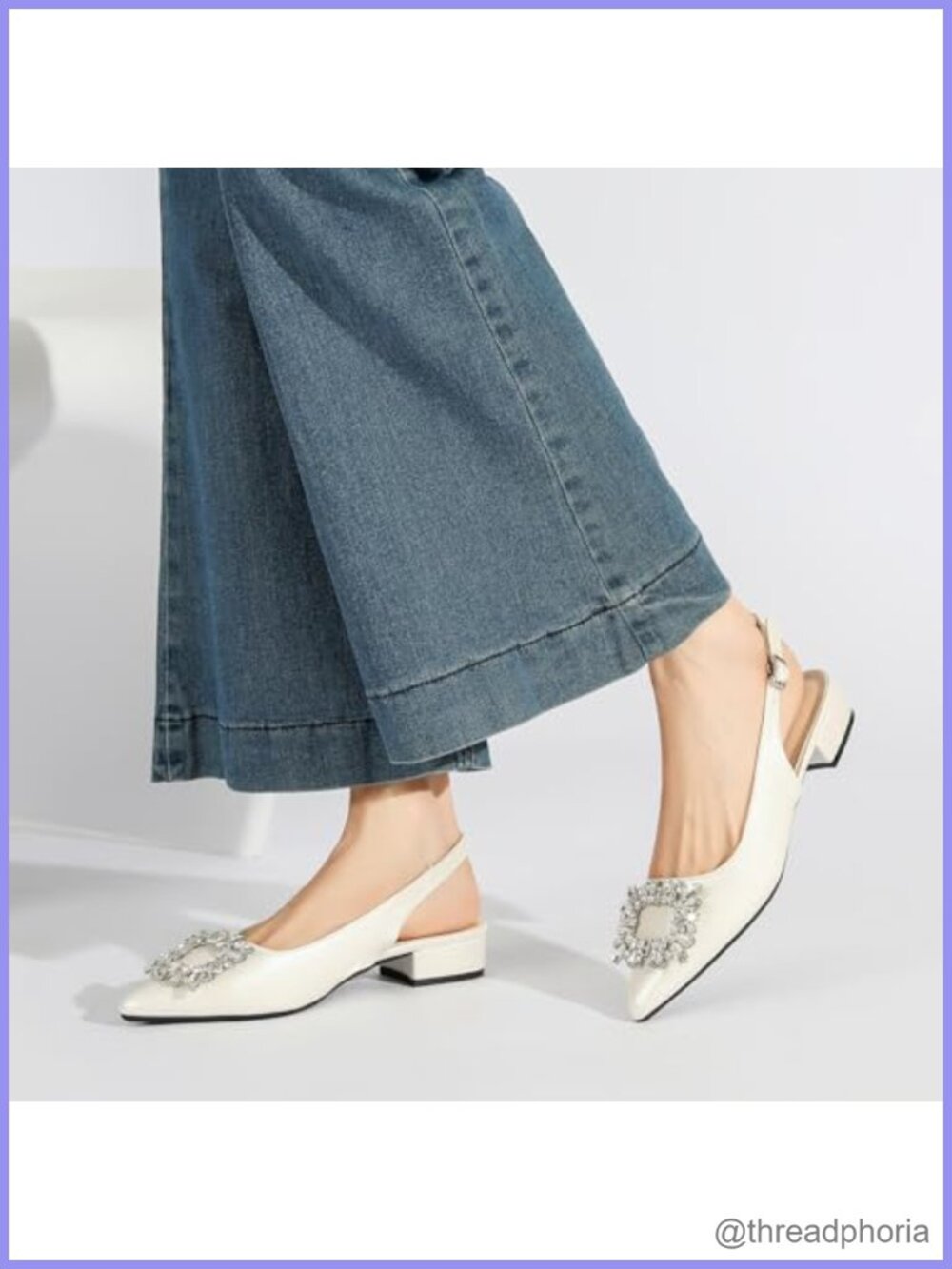 Slingback Low Heel Pumps Pointed Toe Rhinestone Buckle Dress Shoes - Picture 3 of 6